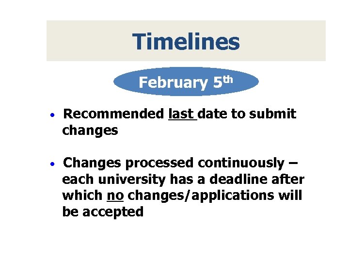 Timelines February 5 th • Recommended last date to submit changes • Changes processed