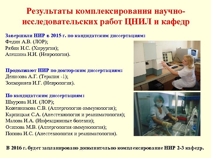 Результаты комплексирования научноисследовательских работ ЦНИЛ и кафедр Завершили НИР в 2015 г. по кандидатским