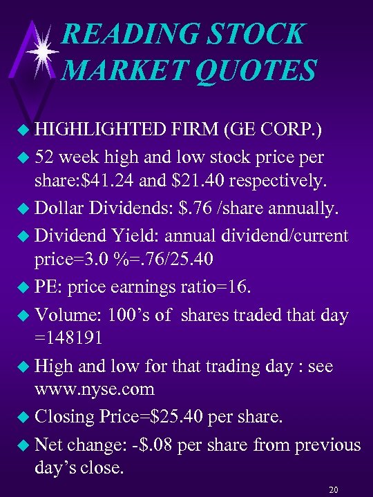 READING STOCK MARKET QUOTES u HIGHLIGHTED FIRM (GE CORP. ) u 52 week high
