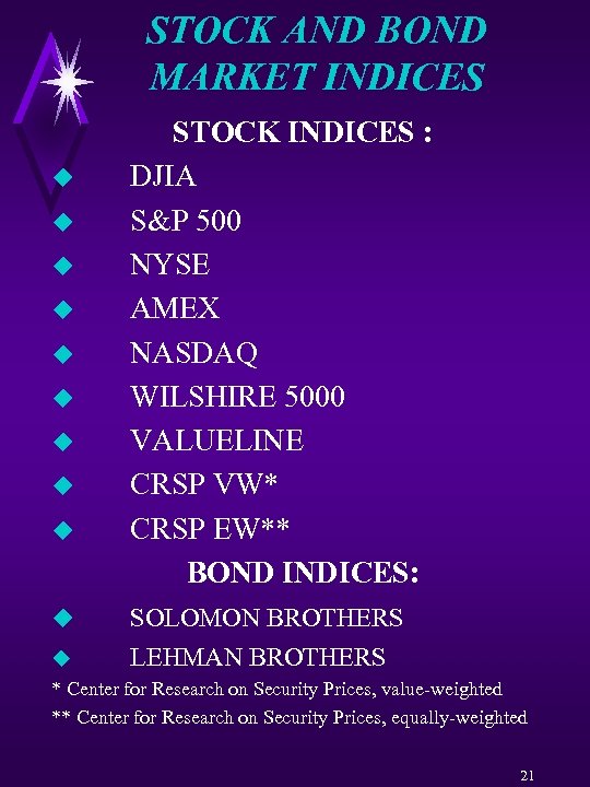 STOCK AND BOND MARKET INDICES u u u u u STOCK INDICES : DJIA