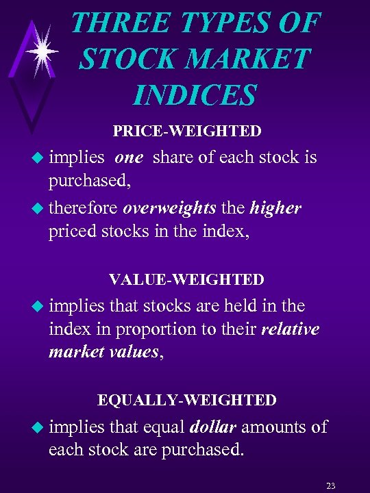 THREE TYPES OF STOCK MARKET INDICES PRICE-WEIGHTED u implies one share of each stock