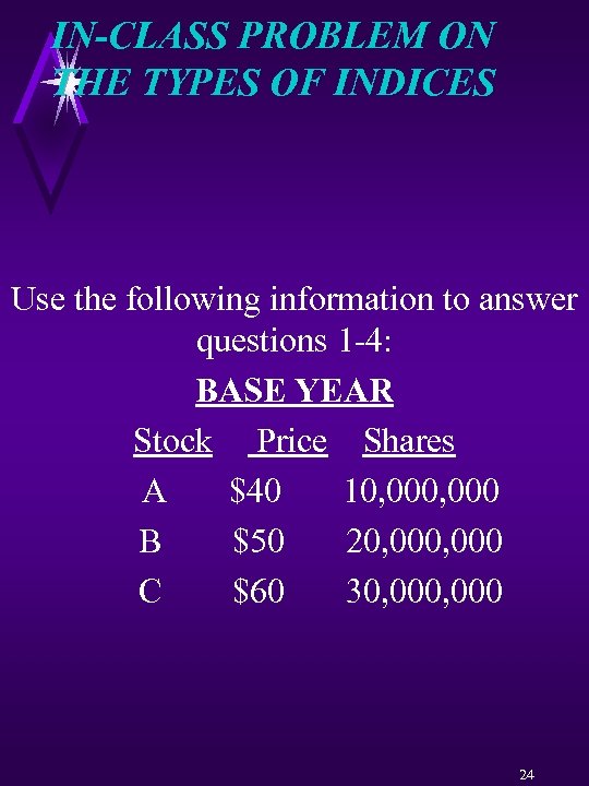 IN-CLASS PROBLEM ON THE TYPES OF INDICES Use the following information to answer questions