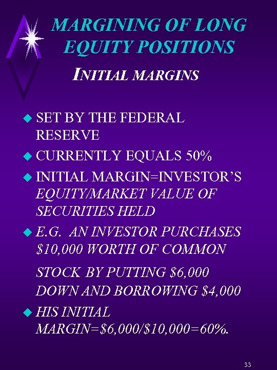 MARGINING OF LONG EQUITY POSITIONS INITIAL MARGINS u SET BY THE FEDERAL RESERVE u