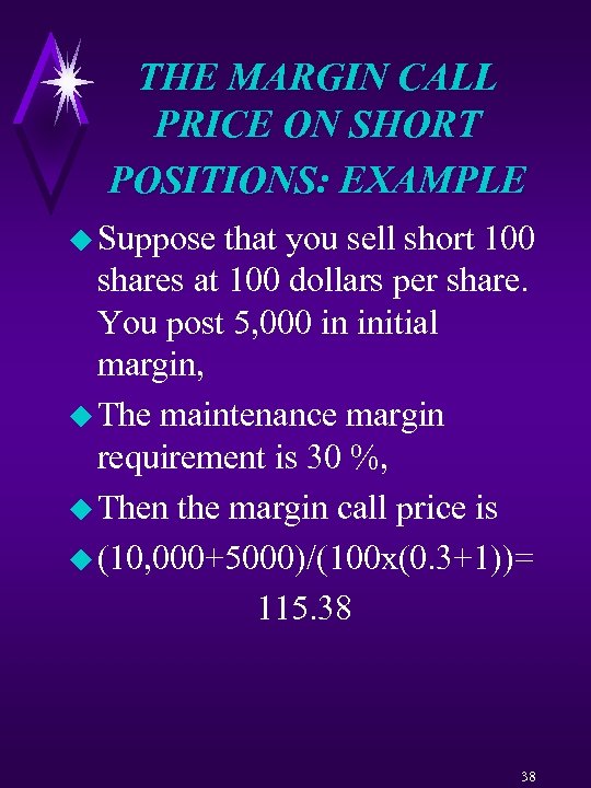 THE MARGIN CALL PRICE ON SHORT POSITIONS: EXAMPLE u Suppose that you sell short