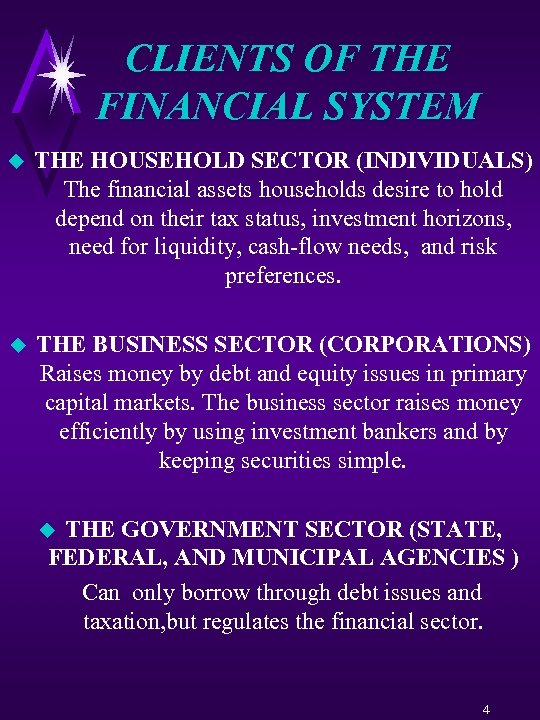 CLIENTS OF THE FINANCIAL SYSTEM u THE HOUSEHOLD SECTOR (INDIVIDUALS) The financial assets households