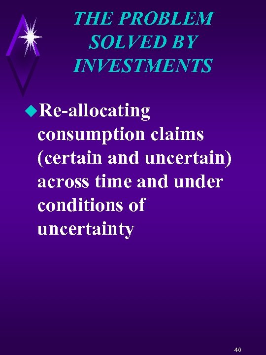 THE PROBLEM SOLVED BY INVESTMENTS u. Re-allocating consumption claims (certain and uncertain) across time