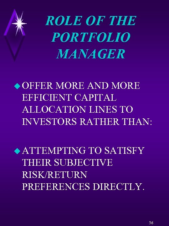 ROLE OF THE PORTFOLIO MANAGER u OFFER MORE AND MORE EFFICIENT CAPITAL ALLOCATION LINES