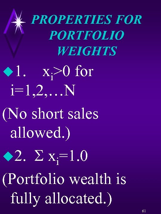 PROPERTIES FOR PORTFOLIO WEIGHTS u 1. xi>0 for i=1, 2, …N (No short sales