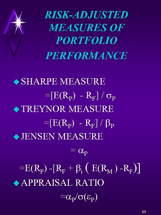 RISK-ADJUSTED MEASURES OF PORTFOLIO PERFORMANCE u SHARPE MEASURE =[E(RP) - RF] / P u