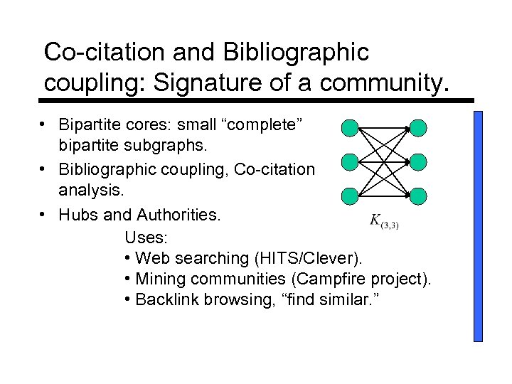 Co-citation and Bibliographic coupling: Signature of a community. • Bipartite cores: small “complete” bipartite