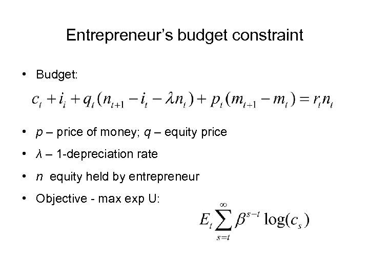 Entrepreneur’s budget constraint • Budget: • p – price of money; q – equity