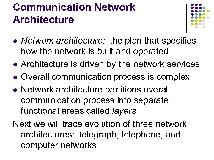 Communication Network Architecture Network architecture: the plan that specifies how the network is built