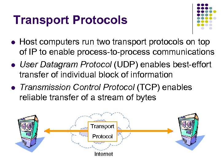 Transport Protocols l l l Host computers run two transport protocols on top of
