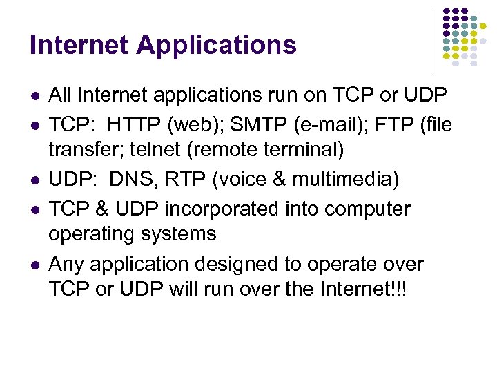 Internet Applications l l l All Internet applications run on TCP or UDP TCP: