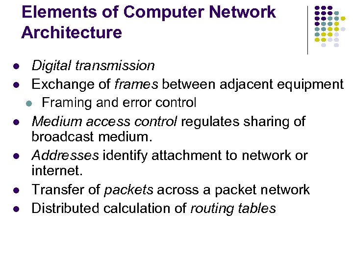 Elements of Computer Network Architecture l l l Digital transmission Exchange of frames between