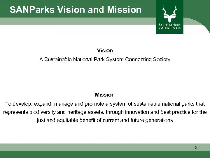 SANParks Vision and Mission Vision A Sustainable National Park System Connecting Society Mission To