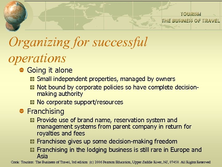 Organizing for successful operations Going it alone Small independent properties, managed by owners Not