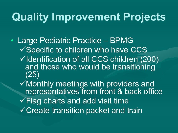 Quality Improvement Projects • Large Pediatric Practice – BPMG üSpecific to children who have