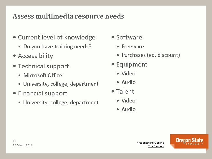 Assess multimedia resource needs • Current level of knowledge • Do you have training