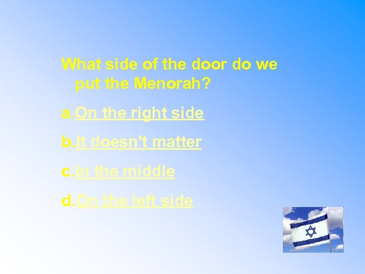 What side of the door do we put the Menorah? a. On the right