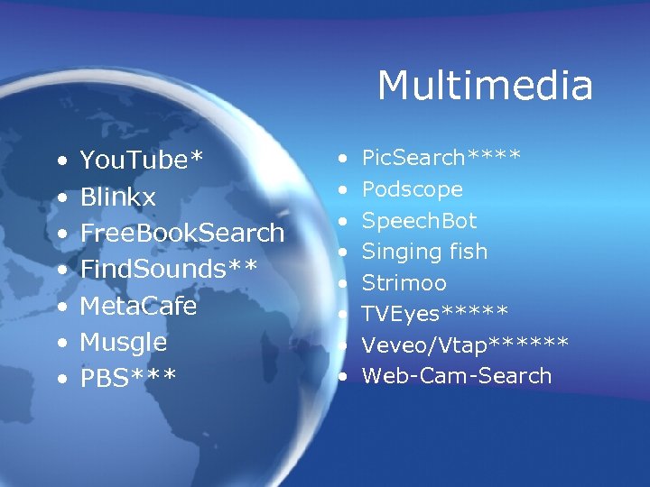 Multimedia • • You. Tube* Blinkx Free. Book. Search Find. Sounds** Meta. Cafe Musgle