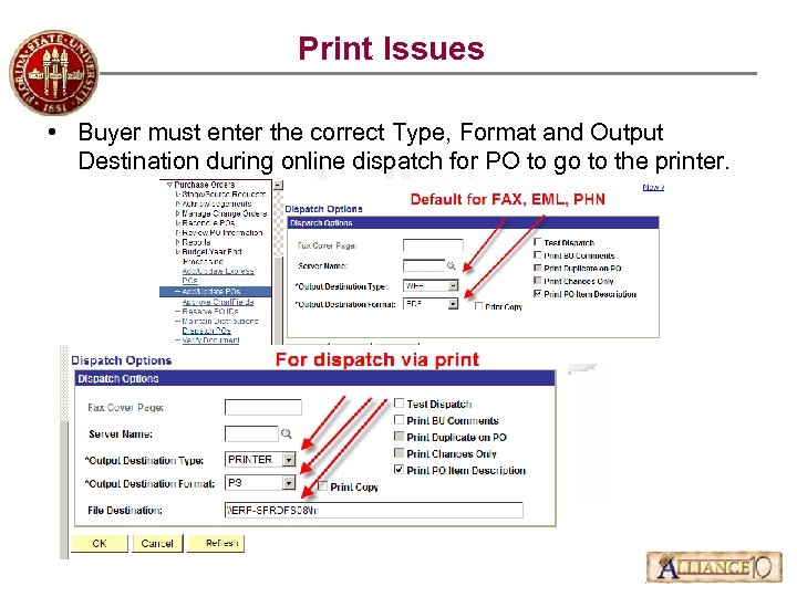 Print Issues • Buyer must enter the correct Type, Format and Output Destination during