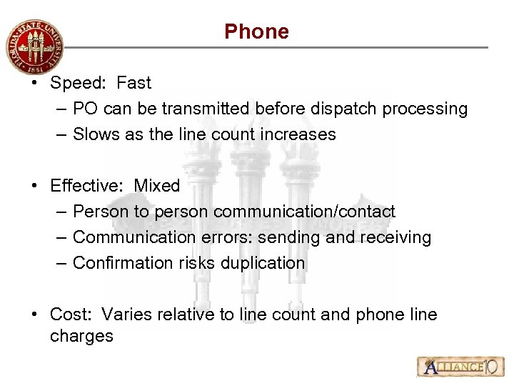 Phone • Speed: Fast – PO can be transmitted before dispatch processing – Slows