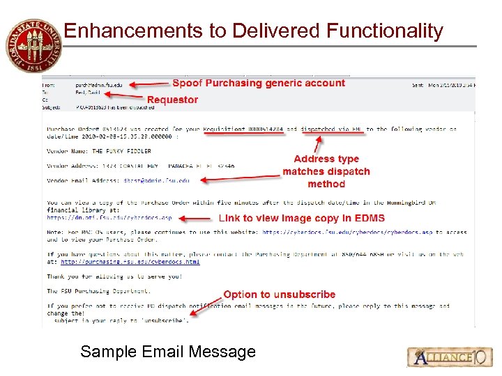 Enhancements to Delivered Functionality Sample Email Message 