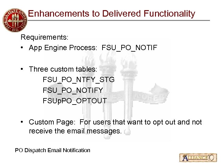 Enhancements to Delivered Functionality Requirements: • App Engine Process: FSU_PO_NOTIF • Three custom tables: