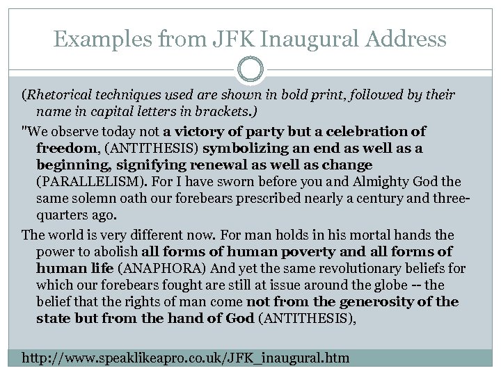 Examples from JFK Inaugural Address (Rhetorical techniques used are shown in bold print, followed