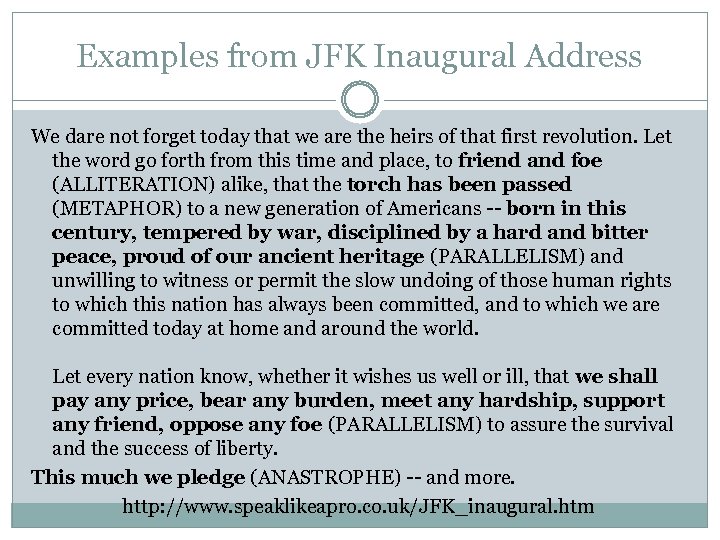 Examples from JFK Inaugural Address We dare not forget today that we are the