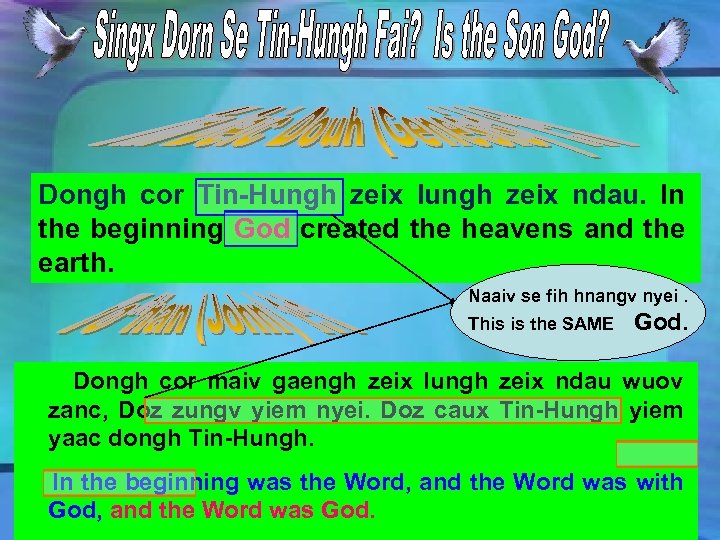Dongh cor Tin-Hungh zeix lungh zeix ndau. In the beginning God created the heavens