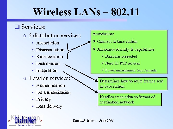 Wireless LANs – 802. 11 q Services: o 5 distribution services: • • •