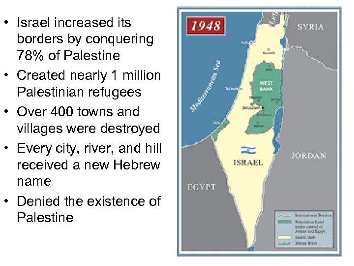  • Israel increased its borders by conquering 78% of Palestine • Created nearly