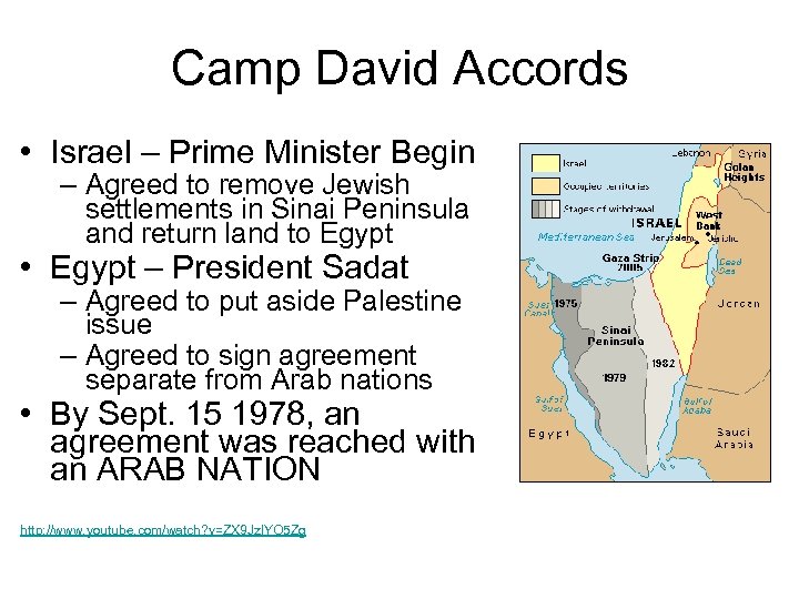 Camp David Accords • Israel – Prime Minister Begin – Agreed to remove Jewish