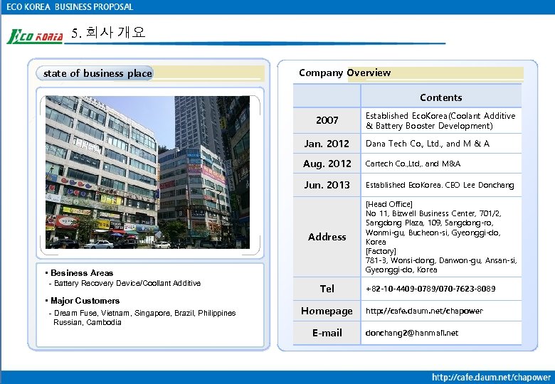 5. 회사 개요 state of business place Company Overview Contents 2007 Established Eco. Korea(Coolant