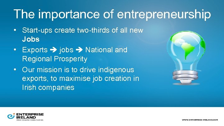The importance of entrepreneurship • Start-ups create two-thirds of all new Jobs • Exports