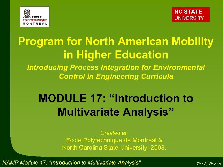 NC STATE UNIVERSITY Program for North American Mobility in Higher Education Introducing Process Integration