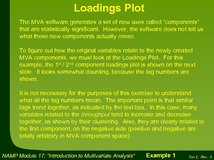 Loadings Plot The MVA software generates a set of new axes called “components” that