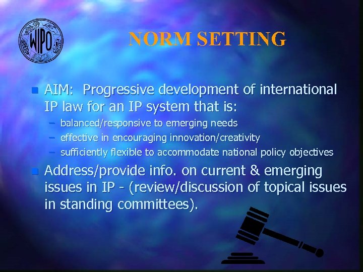 NORM SETTING n AIM: Progressive development of international IP law for an IP system