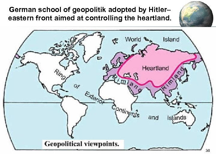 German school of geopolitik adopted by Hitler– eastern front aimed at controlling the heartland.