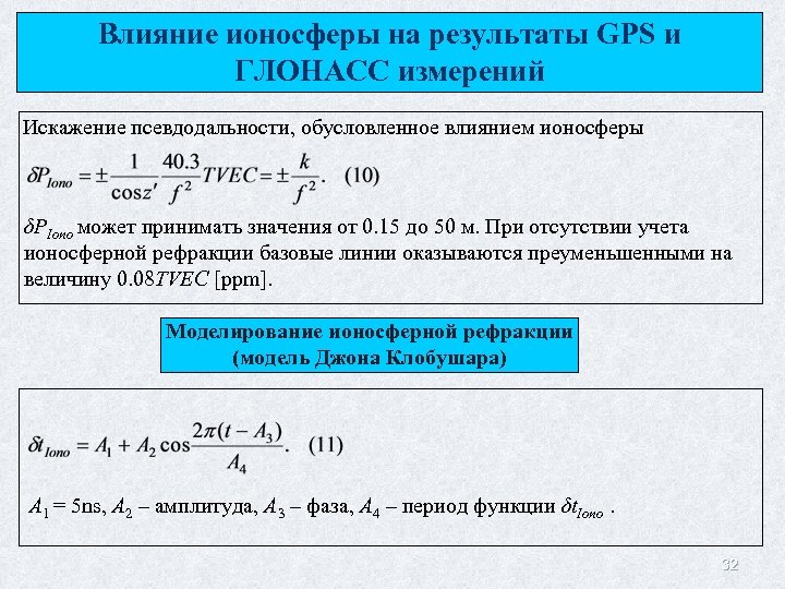 Влияние ионосферы на результаты GPS и ГЛОНАСС измерений Искажение псевдодальности, обусловленное влиянием ионосферы δPIono