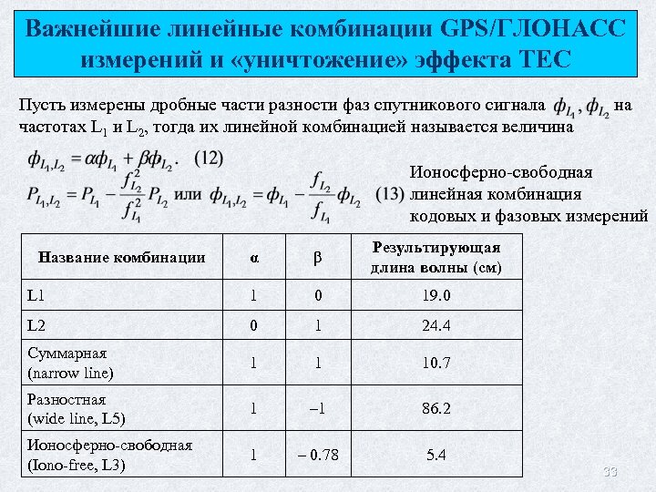 Важнейшие линейные комбинации GPS/ГЛОНАСС измерений и «уничтожение» эффекта TEC Пусть измерены дробные части разности