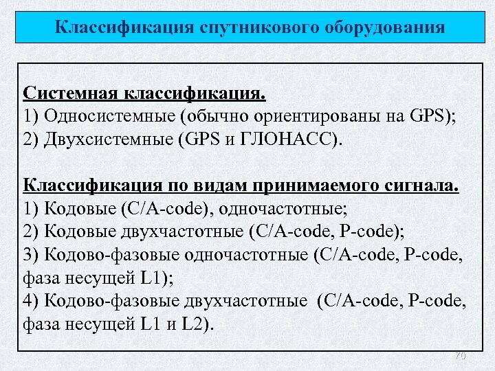 Классификация спутникового оборудования Системная классификация. 1) Односистемные (обычно ориентированы на GPS); 2) Двухсистемные (GPS