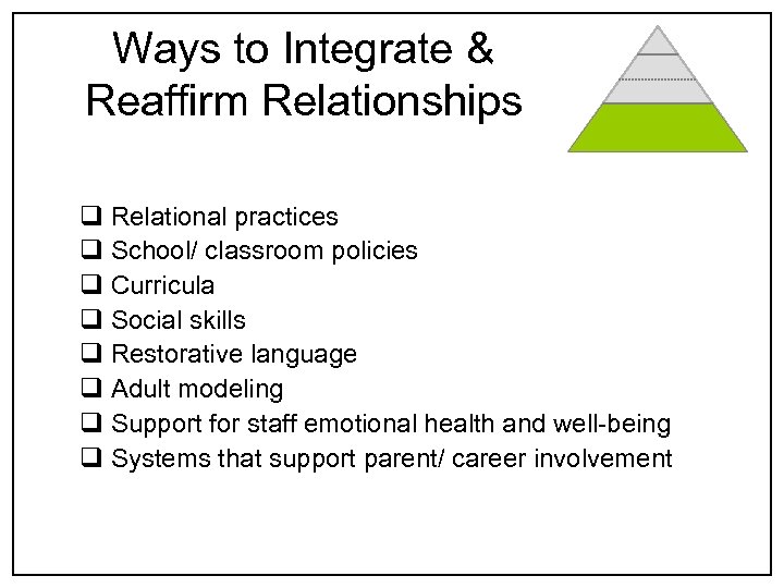 Ways to Integrate & Reaffirm Relationships q Relational practices q School/ classroom policies q