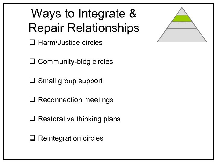 Ways to Integrate & Repair Relationships q Harm/Justice circles q Community-bldg circles q Small