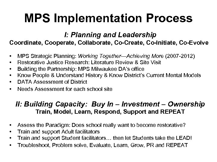 MPS Implementation Process I: Planning and Leadership Coordinate, Cooperate, Collaborate, Co-Create, Co-Initiate, Co-Evolve •