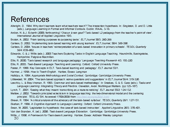 References Allwright, D. 1984. Why don’t learners learn what teachers teach? The interaction hypothesis.