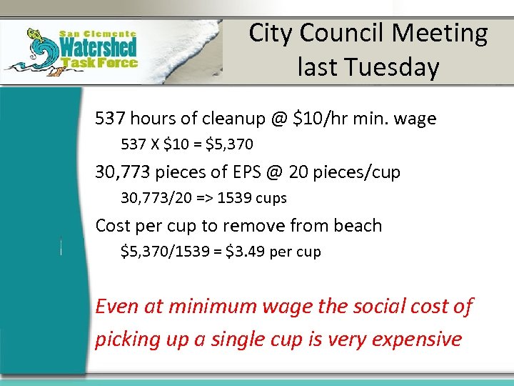 City Council Meeting last Tuesday 537 hours of cleanup @ $10/hr min. wage 537