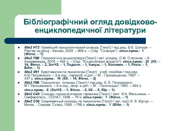 Бібліографічний огляд довідковоенциклопедичної літератури 88 я 2 Н 72 Новейший психологический словарь [Текст] /